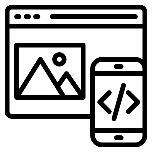 Icon showing a cell phone with a coding symbol as representation of mobile development